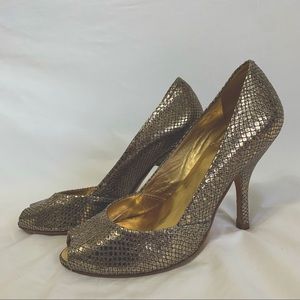 J. Vincent gold leather snakeskin print peep toe pumps, heels, made in Brazil, 8